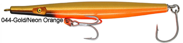 Super Strike Super "N" Fish 5 inch 1 oz Floating Needlefish surf plug with heavy-duty VMC treble hooks and high-density plastic body for striped bass fishing. Gold Neon Orange