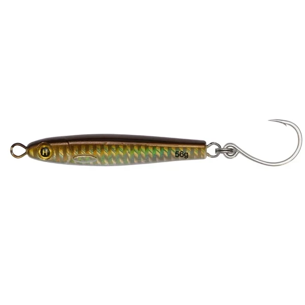 Hogy 2 inch 3/4 oz Heavy Minnow metal jig in holographic finish with VMC inline hook Olive green