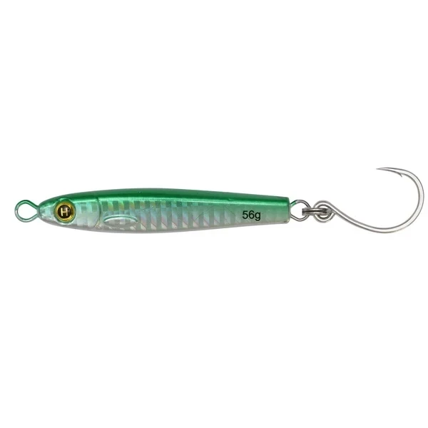 Hogy 1.5 inch 1/2 oz Heavy Minnow metal jig in holographic finish with VMC inline hook green