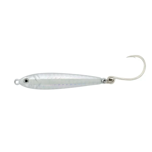 Hogy 3.5 inch 2 oz Peanut Bunker Heavy Minnow metal jig with holographic finish and VMC in-line hook Silver