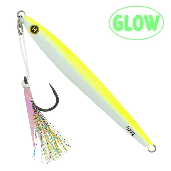Hogy 5 inch 3.5 oz Sand Eel metal jig with pre-rigged teaser assist hook on white background albie crack glow