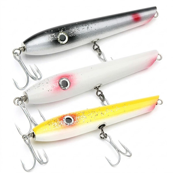 Stan Gibbs Pro Series 2.75 oz Pencil Popper heavy wooden topwater lure for striped bass surf fishing White yellow pogie