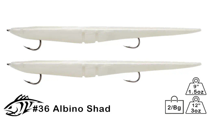 Lunker City Tandem Rigged Sluggo Albino Shad Pearl White 9" 2 Tails