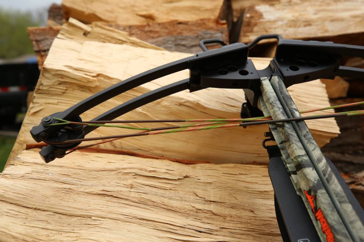 A crossbow against wood logs