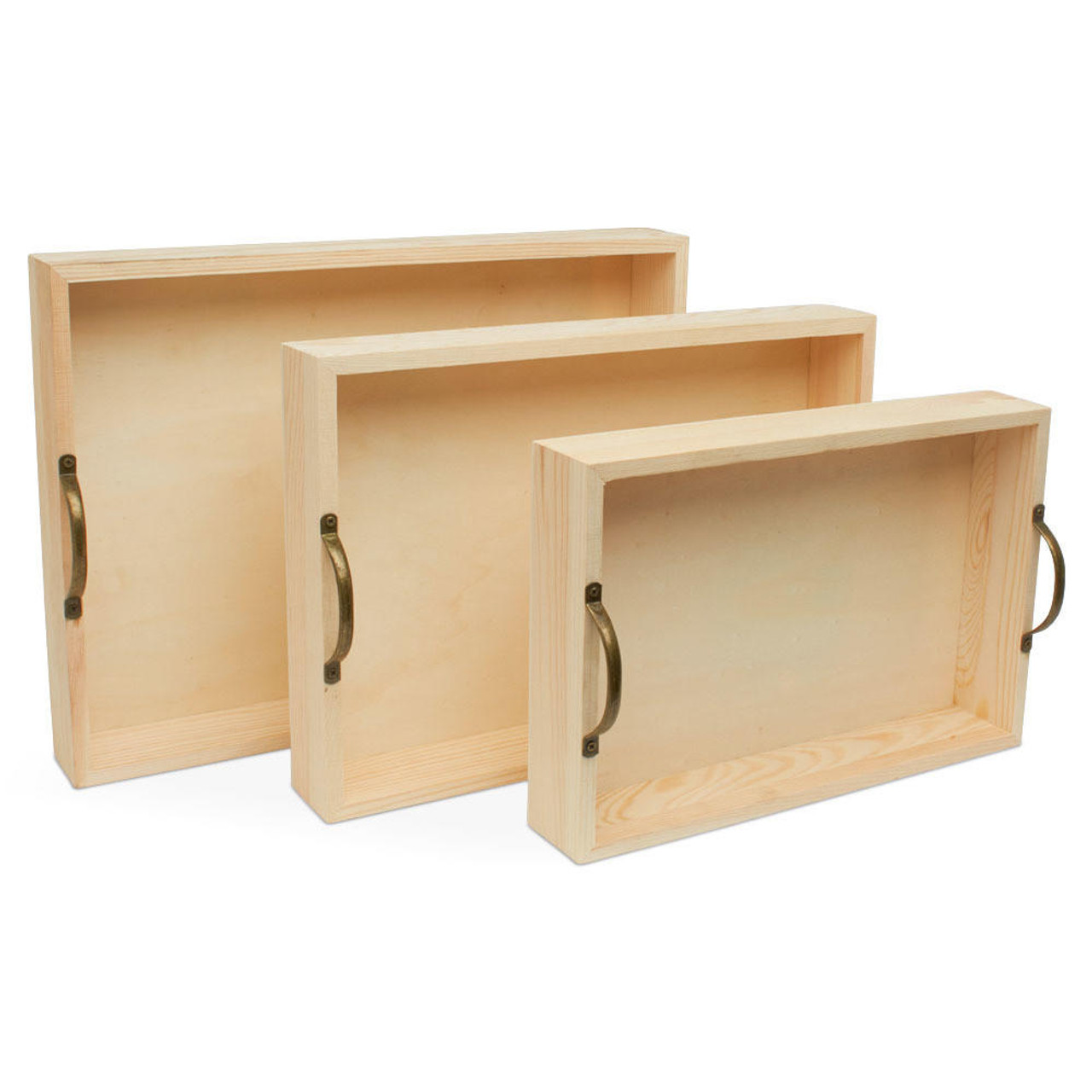 Unfinished Wood Trays with Metal Handles Set of Three