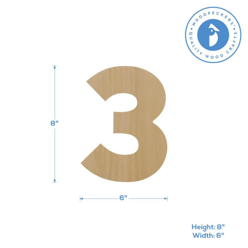 Woodpeckers Crafts Wooden Number 3 Cutout, 8" 