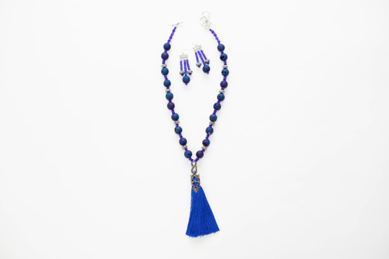 Blue Druzy Stone Fancy Tassel Necklace Set 