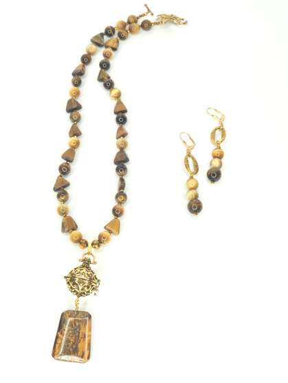 Tiger's Eye w/ Gold Locket Necklace Set