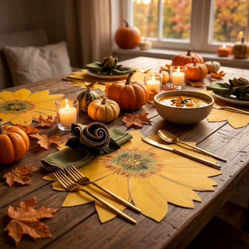 Wild Sunflower Placemat by Carole Shiber, a vibrant autumn-themed placemat with sunflower design on a wooden dining table.