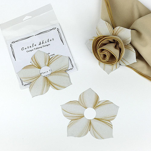 Bouquet Napkin Ring - White/Gold Carole Shiber Designs, elegant fabric napkin ring with a floral design in white and gold tones.