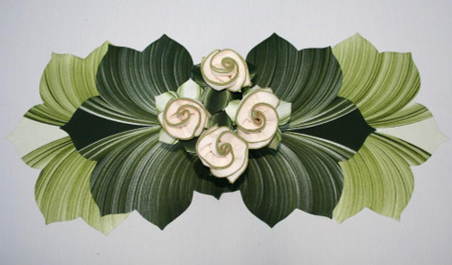 Interlocking Leaves & Napkin Bouquet for 4 Carole Shiber Designs, decorative green leaf arrangement with white napkins folded and decorated with gold wire accents.