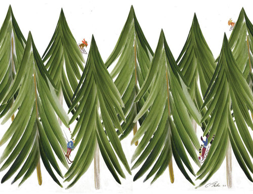 Winter Mountain Placemat Carole Shiber Designs, illustration of tall green pine trees with tiny climbers and hikers among the branches.
