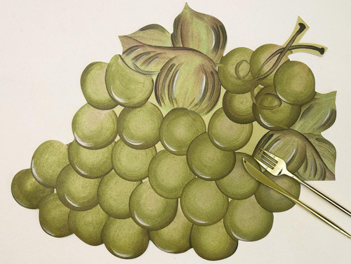 Summer Sale! Champagne Grapes Carole Shiber Designs, an artistic illustration of green champagne grapes with leaves, fork, and knife.