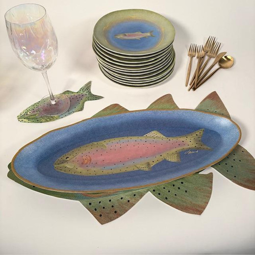 Rainbow Trout 2-Pc. Centerpiece, decorative fish-themed serving plate and matching fish-shaped salad plate with gold-toned cutlery and an iridescent glass Rainbow Trout 2-Pc. Centerpiece, decorative fish-themed serving plate and matching fish-shaped salad plate with gold-toned cutlery and an iridescent glass