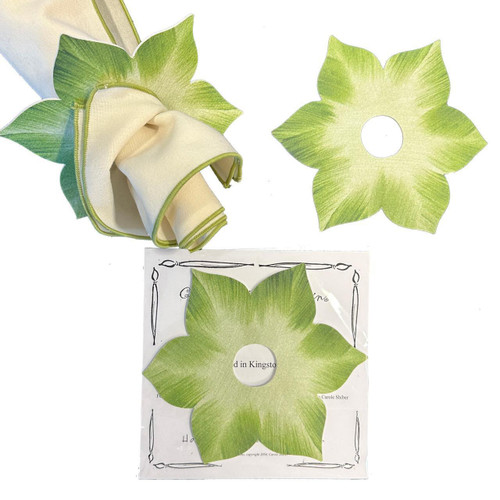 Hosta Leaf Napkin Ring Mint, a decorative napkin ring designed like a green mint leaf with detailed veining, by Carole Shiber Designs, displayed with a napkin and its packaging.