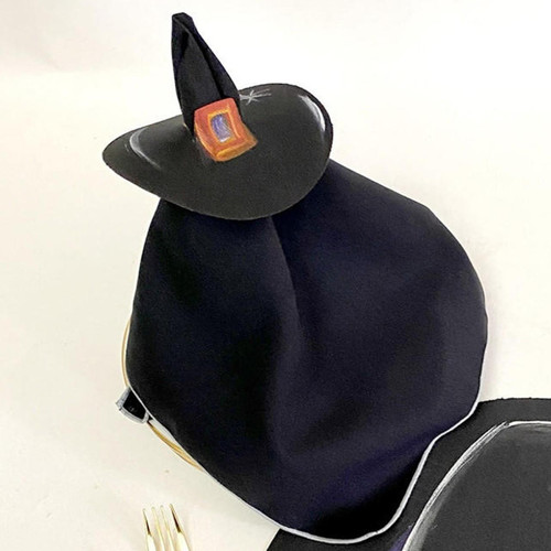 Add a Witches Hat Carole Shiber Designs, black plush cat head with a small pointed black witches hat featuring an orange band and buckle.