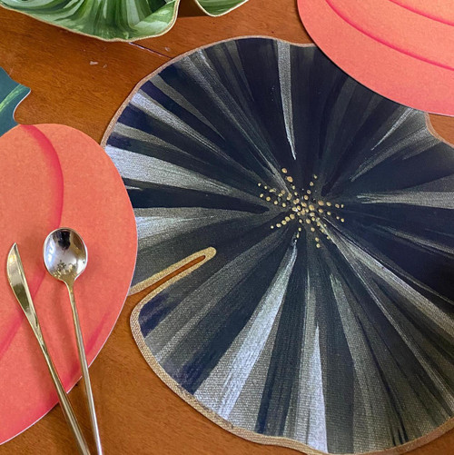 ARTPrints Botanic Round Placemat, Pine Carole Shiber Designs decorative black and gold round placemat with a radiant pattern and gold dots at the center.