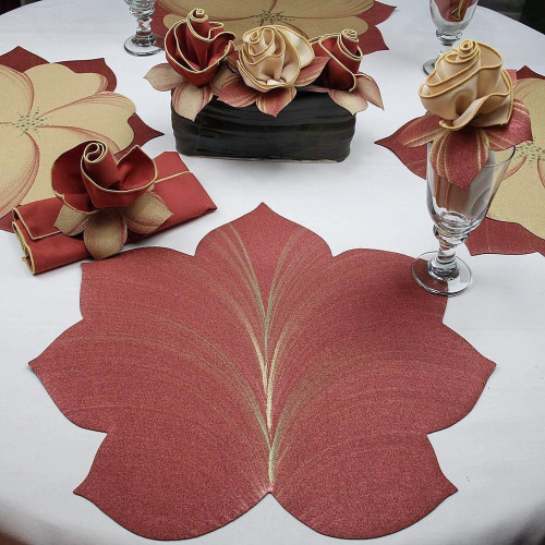7 Point Leaf - Copper/Gold & Bronze Carole Shiber Designs, decorative table centerpiece with a large, red leaf-shaped placemat and matching napkin and flower accents, elegant table settings.