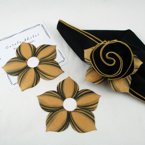 Add a Bouquet Napkin Ring - Gold/Black Carole Shiber Designs, elegant gold and black floral napkin rings with coordinated black and gold fabric holder.