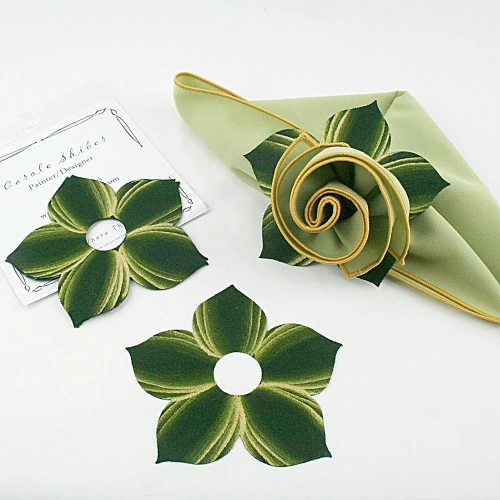 Add a Bouquet Napkin Ring - Pine/Gold Carole Shiber Designs, green and gold fabric floral napkin rings for decorating and table setting.