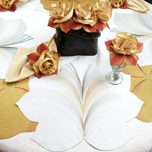 7 Point Leaf - White/Gold & Silver Carole Shiber Designs, a decorative table centerpiece featuring large artificial leaves and elegant fabric roses in a black vase. 7 Point Leaf - White/Gold & Silver Carole Shiber Designs, a decorative table centerpiece featuring large artificial leaves and elegant fabric roses in a black vase.
