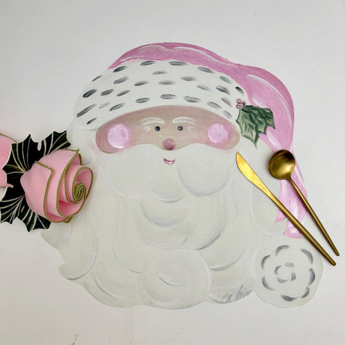 ARTPrints Santa, Dressed in Pink Christmas themed art with a pink hat, holly leaves, and festive decorations.