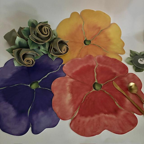 Pansy Trio/Centerpiece, colorful pansy-shaped decorative plates in yellow, purple, and red.
