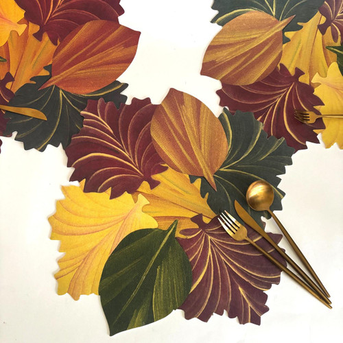 Carole  Shiber Swirling Leaves Placemat features her iconic leaf shapes and colors gathered for one colorful fall foliage placemat in shades of gold, copper, burngundy and pine.