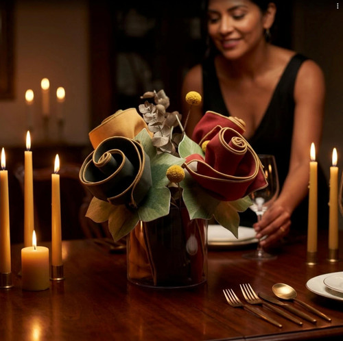 Carole Shiber's Gratitude Napkin Bouquet-in-Vase is a functional and decorative bouquet of rolled-up burnt orange, burgundy, olive, and gold napkins, hand-arranged with leafy Botanic Napkin Rings in a clear vase.
