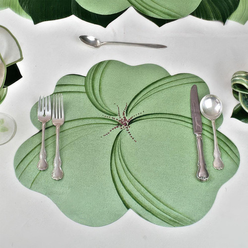 Buttercup Placemat - Mint, a green buttercup flower-shaped placemat with detailed petal and stamen design.