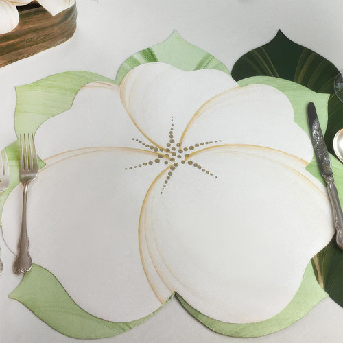 Buttercup Placemat - White/Gold, decorative placemat featuring a white and gold buttercup flower design with green leaves.
