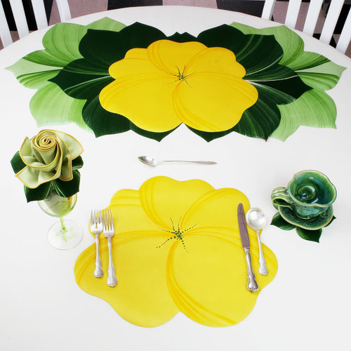 Buttercup Placemat - Yellow Carole Shiber Designs, vibrant yellow flower-shaped placemats on a white table with matching yellow napkins, floral centerpieces, and silverware, perfect for spring or summer dining.