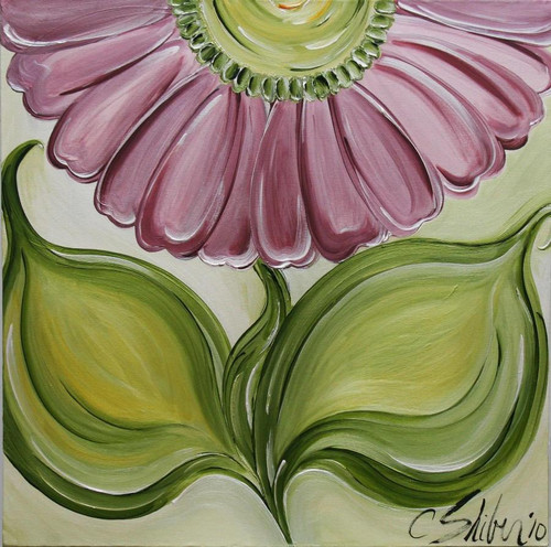 Birthday Girl Gerbera Daisy by Carole Shiber Designs, a vibrant painting of a pink gerbera daisy with green leaves against a light background.