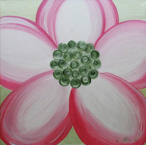 The Peony, a painting by Carole Shiber Designs, showcasing a pink peony flower with a green cluster of floral buds at its center.