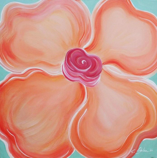 Sherbert Poppy, an abstract floral artwork by Carole Shiber Designs featuring a vibrant pink and orange poppy flower with a swirled pink center on a teal background.