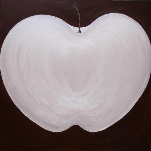 White Apple on Chocolate, artistic painting of a white apple on a dark chocolate background with detailed brushstrokes by Carole Shiber Designs. White Apple on Chocolate, artistic painting of a white apple on a dark chocolate background with detailed brushstrokes by Carole Shiber Designs.