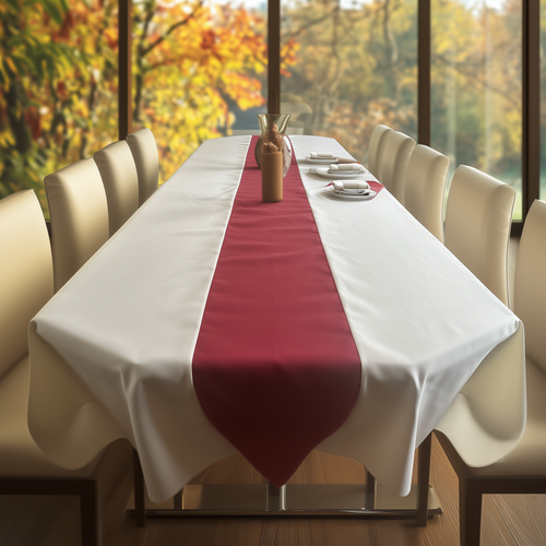Carole Shiber's custom tablecloths with the built-in runner, shown here: ivory with maroon runner. Choose your favorite two colors!