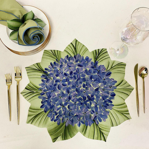 Carole Shiber Hydrangea Pacemat, elegant floral placemat with purple hydrangea design and green leaves, perfect for stylish table settings.