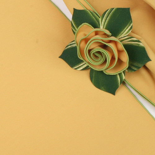 Gold with HoneyDew Trim Napkin Carole Shiber Designs, an elegant napkin with a decorative honey dew green and gold rose ribbon design with matching green and gold leaves.