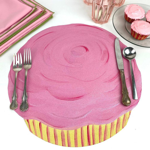 Pink Cupcake Placemat Carole Shiber Designs, decorative pink cupcake-shaped table mat with pink swirl design and striped yellow and pink border.