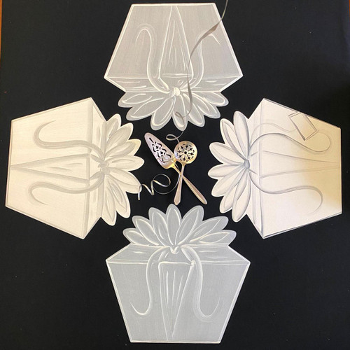 Party Gift Boxes, Neutral Set 4 Carole Shiber Designs, transparent hexagon-shaped gift boxes with flower and ribbon embossed designs.