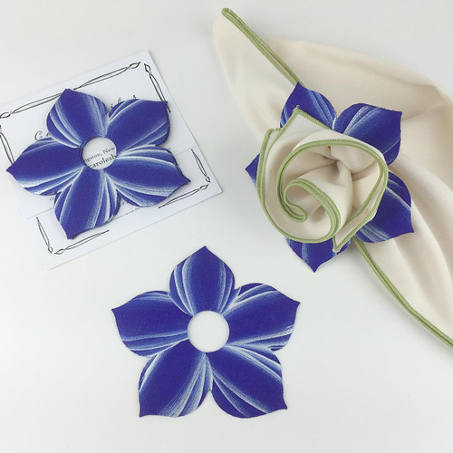 Bouquet Napkin Ring - Dark Blue/Frost Carole Shiber Designs, featuring a dark blue fabric flower napkin ring and a fabric rose with green and cream accents, on a white background.