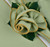 Add a Round Sage with Gold Trim Napkin by Carole Shiber Designs, featuring a light green napkin with gold trim, intricately rolled and accented with green and gold leaves.