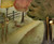 Country Road Placemat Carole Shiber Designs, artistic landscape with trees and a fence, with gold-colored cutlery on a painted tablecloth.