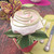 Green Apple Placemat Carole Shiber Designs, a decorative placemat designed to resemble a green apple with a pink rose in the center, surrounded by leaves and placed on a wooden table.