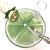 Summer Sale! Lime Slice Carole Shiber Designs. A decorative table setting featuring a round plate designed like lime slices, a clear wine glass, a fork and knife with ornate handles, and a white napkin with a green ribbon and a cream rose decoration.