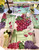 Vinyard Placemat Table Setting for 5 Carole Shiber Designs, a colorful table setting featuring grape-themed placemats, wine glass, bottle of wine, and elegant tableware on a white tablecloth.
