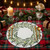 Wreath-on-Round Placemat by Carole Shiber Designs, round white placemat featuring a watercolor evergreen wreath with red berries, styled on a festive red plaid Christmas table with gold flatware and seasonal decorations.