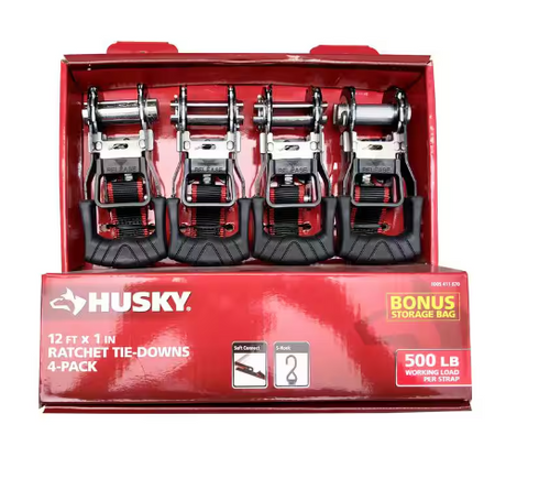 Husky 12 ft. x 1 in. Ratchet Tie-Down Straps with S-Hook (4-Pack)