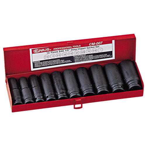 Genius Tools SAE 1/2" Drive Deep Impact 6 Point Socket 10 Pc Set CM-007